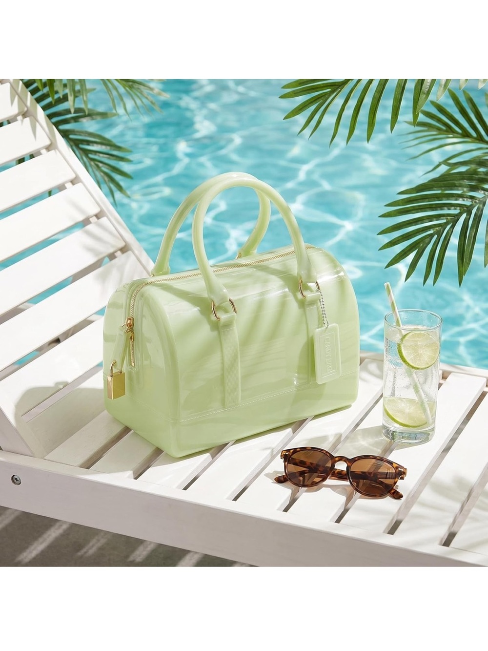 Ladies Summer Jelly Top Handle Handbag Avocado Color Transparent Crystal Purse - Picture 7 of 12
